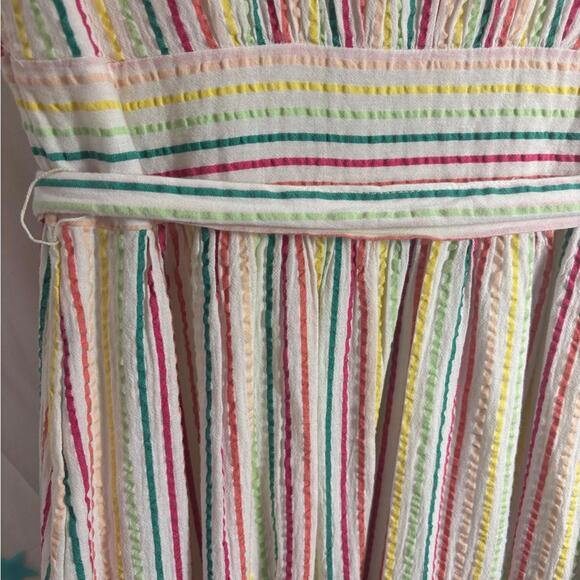 Pastel Striped Short Sleeve Textured Button Down+Tie Modest Femme Dress Size M - Picture 6 of 12